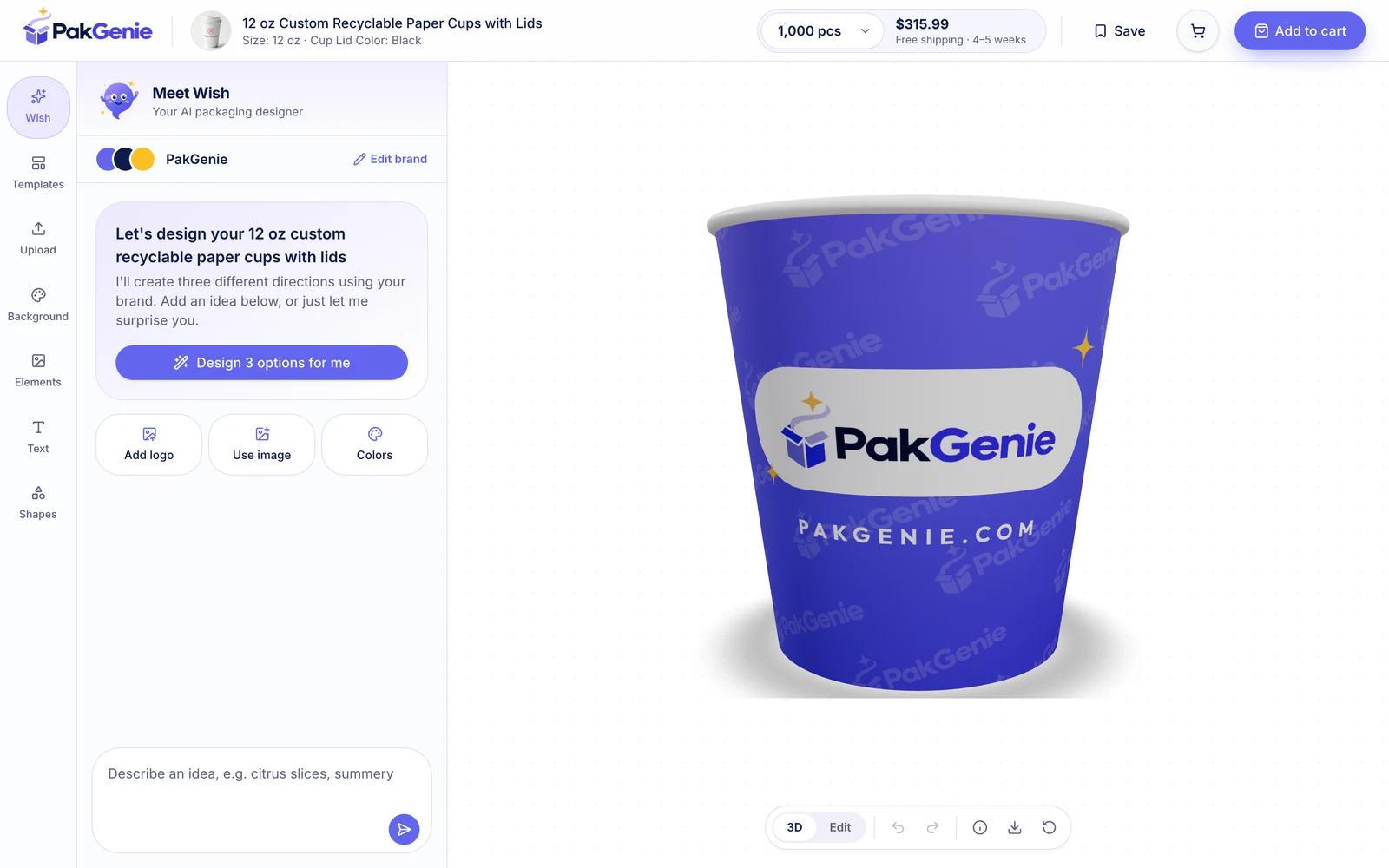 The PakGenie design studio: Wish, the AI designer, next to a PakGenie cup shown in 3D