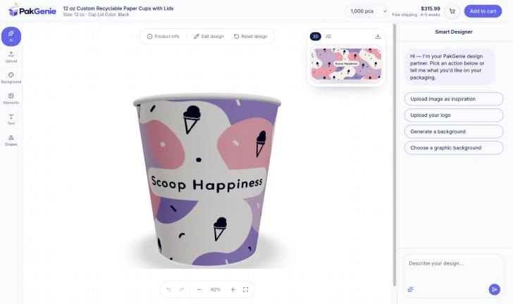 The PakGenie design studio showing a custom ice cream cup in 3D